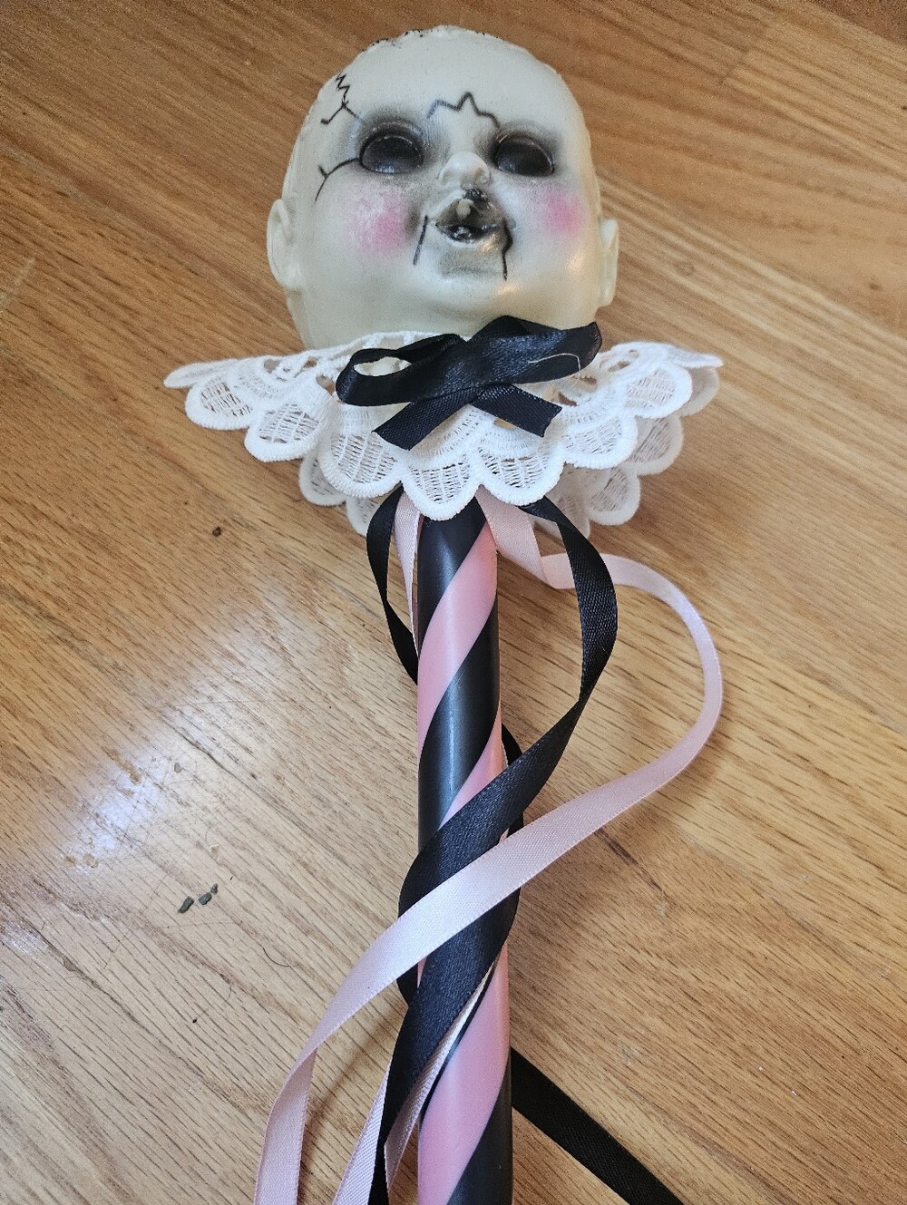 Halloween Creepy Doll Pink & Black Ribbon Wand  with Decorative Lace Collar